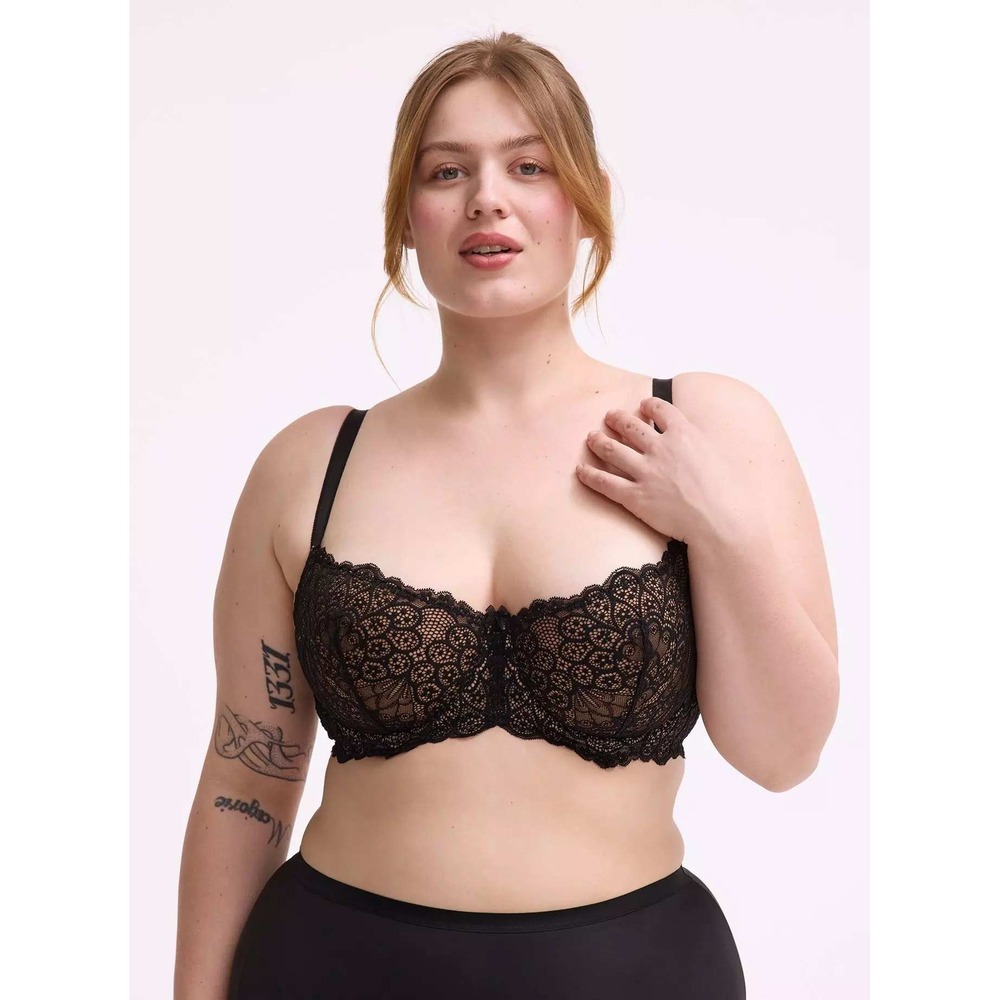 Torrid Curve Black Floral Lace Unlined Balconette Bra 44DD Underwire Beige Mesh
